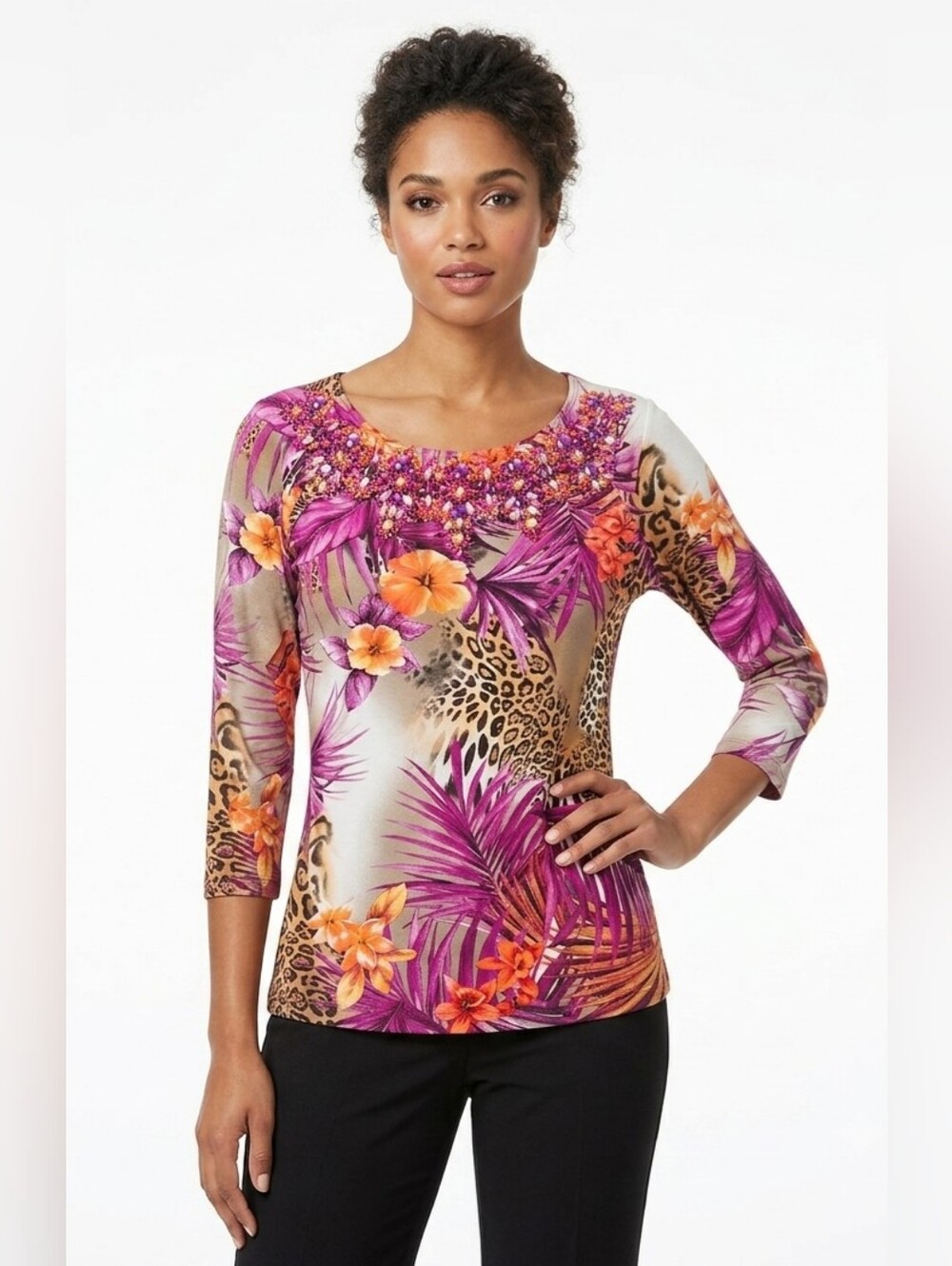 Cache Tropical Floral & Leopard Scoop Neck Top  Size L